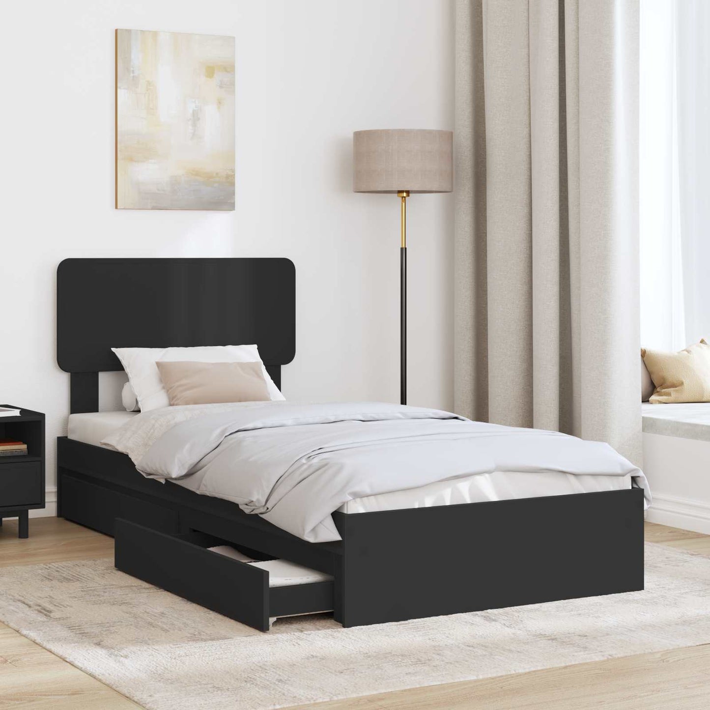 Tárolós Ágy fiókkal fejtámlával Fekete 75 x 190 cm Szerelt Fa