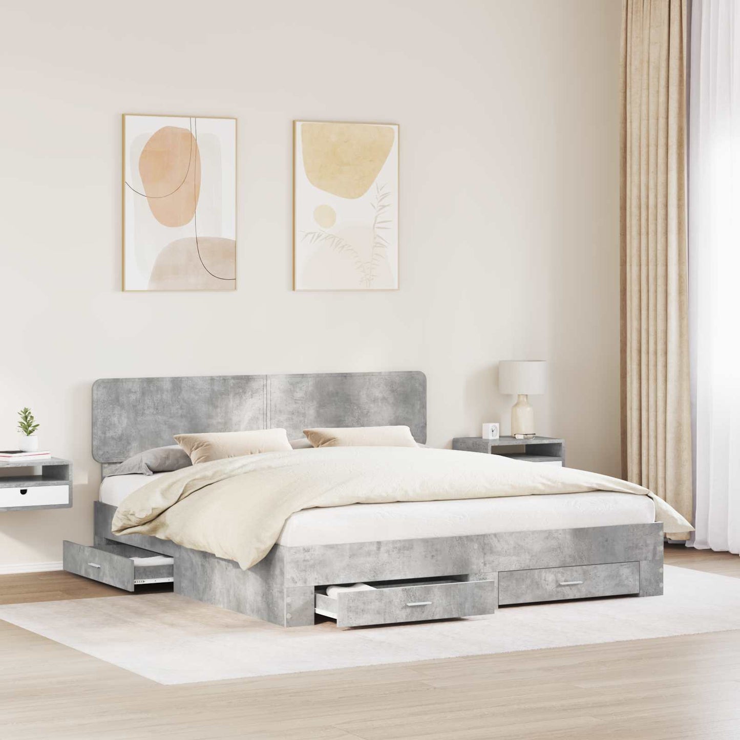Ágykeret fiókkal tárolóval Beton Szürke 200 x 200 cm Szerelt Fa