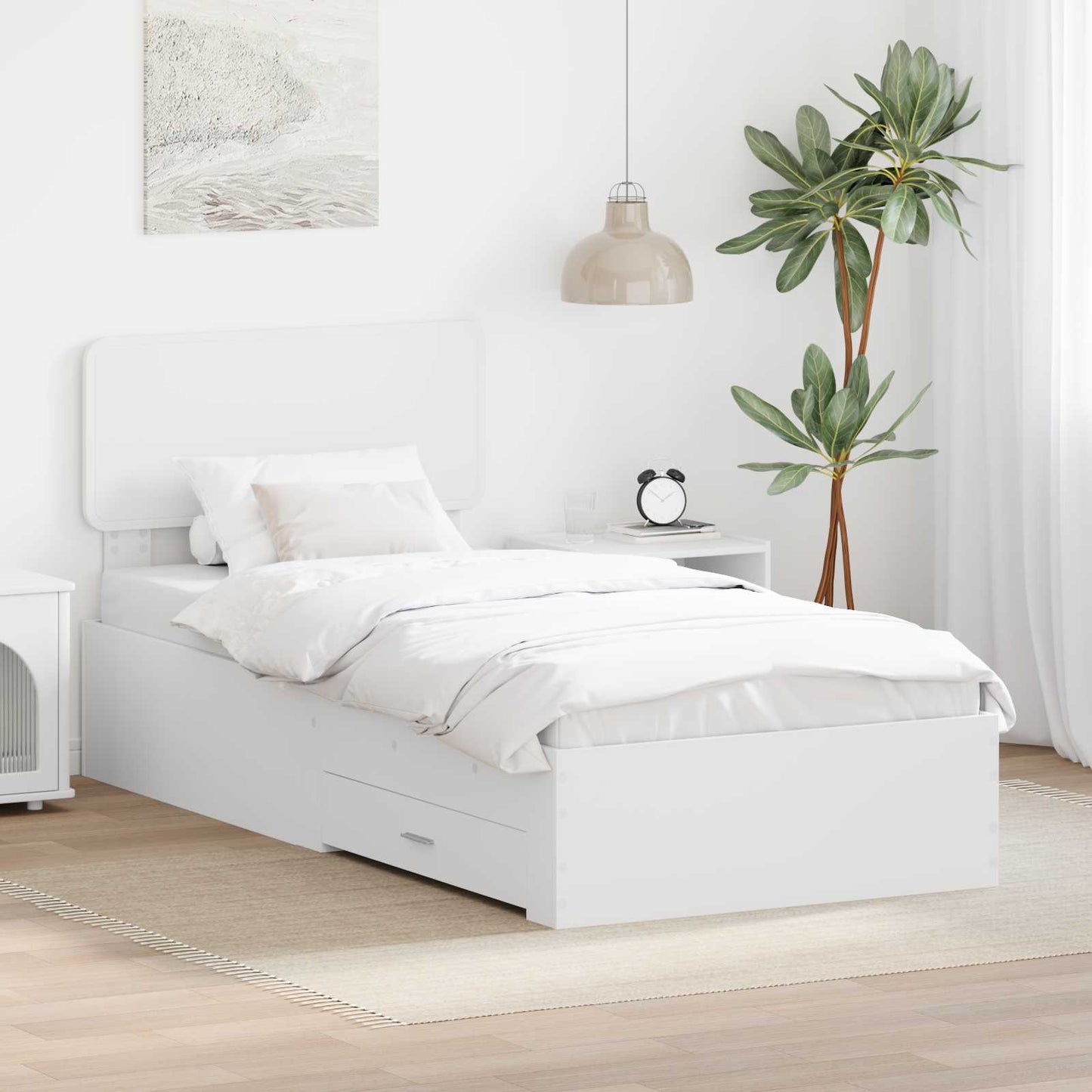 Ágykeret fiókkal fejtámlával Fehér 90 x 190 cm Szerelt Fa