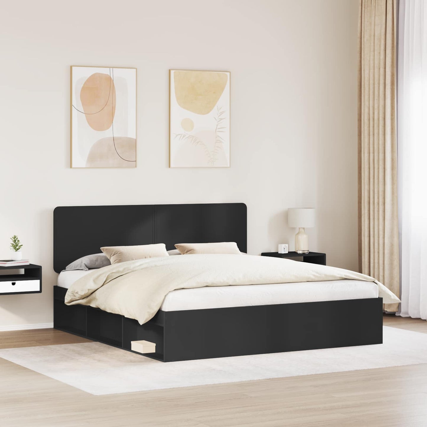 Ágykeret fejtámlával Fekete 200 x 200 cm Tömör fenyőfa