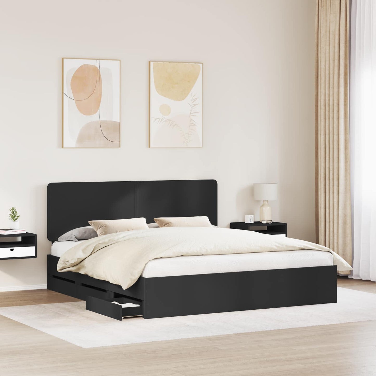 Ágykeret fiókkal fejtámlával Fekete 200 x 200 cm Mérnöki Fa