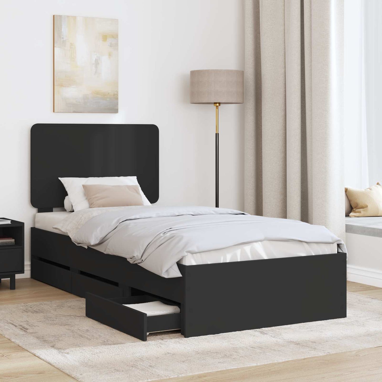Ágykeret fiókkal fejtámlával Fekete 90 x 200 cm Mérnöki Fa