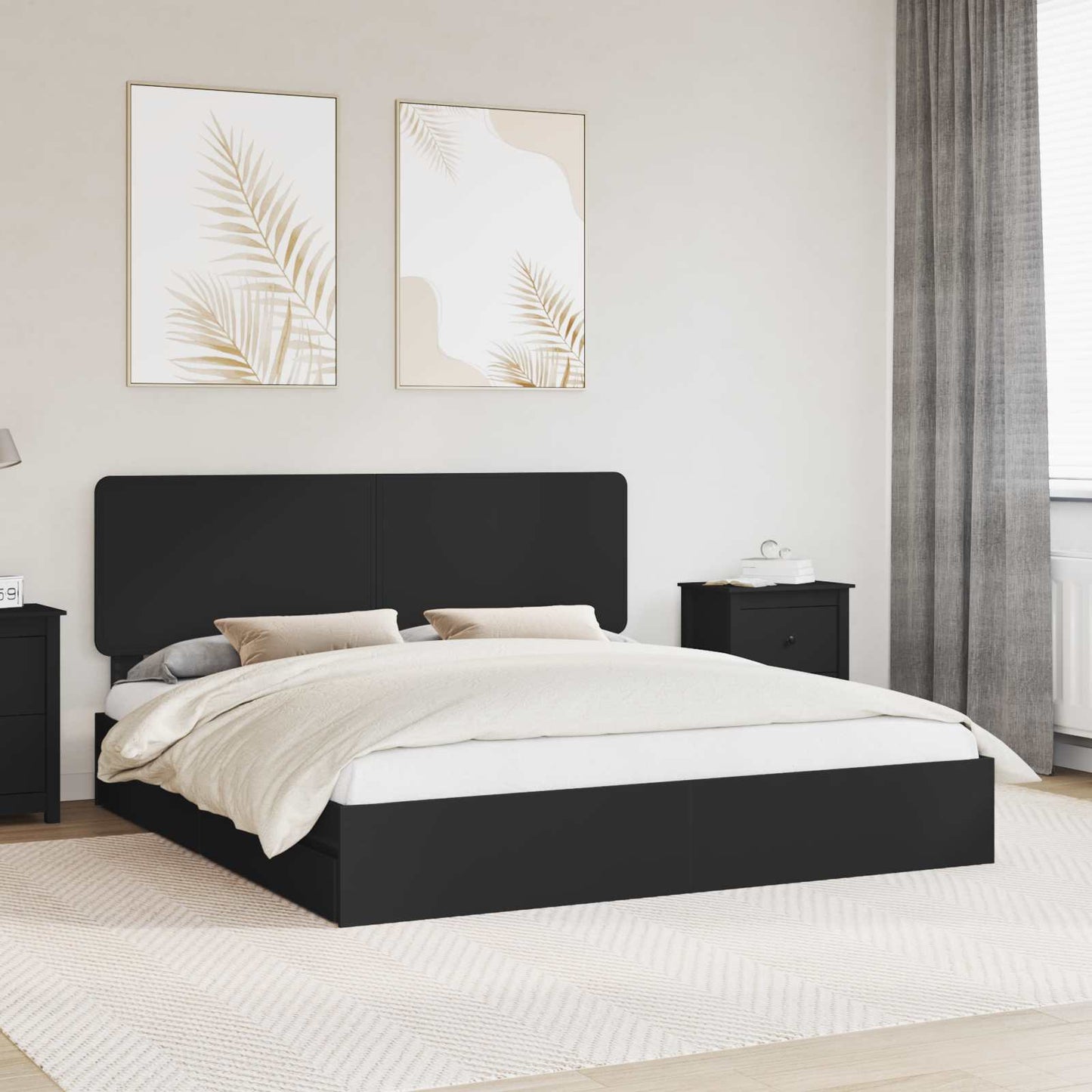 Tárolós Ágy fiókkal fejtámlával Fekete 200 x 200 cm Szerelt Fa