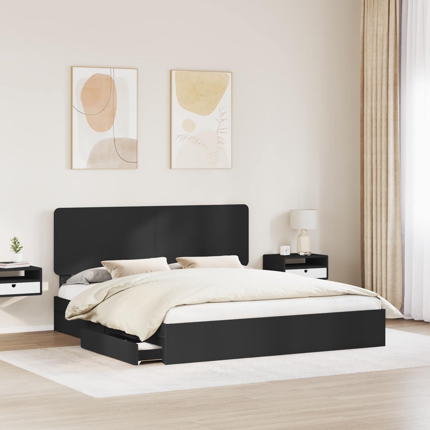 Tárolós Ágy fiókkal fejtámlával Fekete 200 x 200 cm Szerelt Fa
