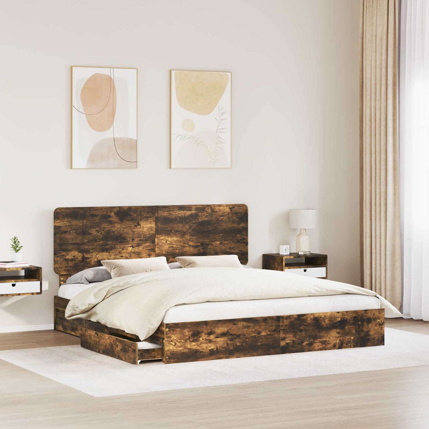 Tárolós Ágy fiókkal Füstölt tölgy 180 x 200 cm Szerelt Fa