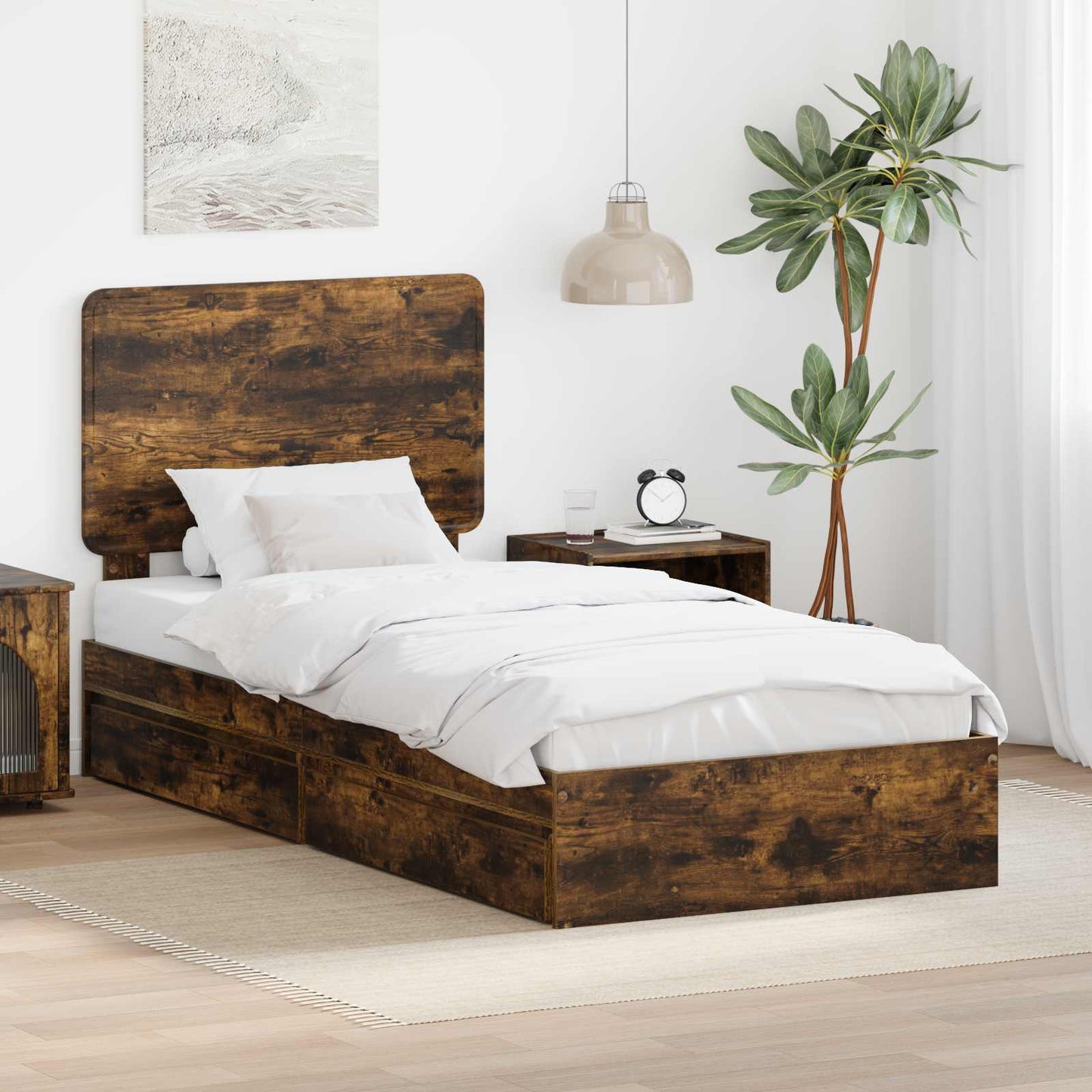Tárolós Ágy fiókkal Füstölt tölgy 100 x 200 cm Szerelt Fa