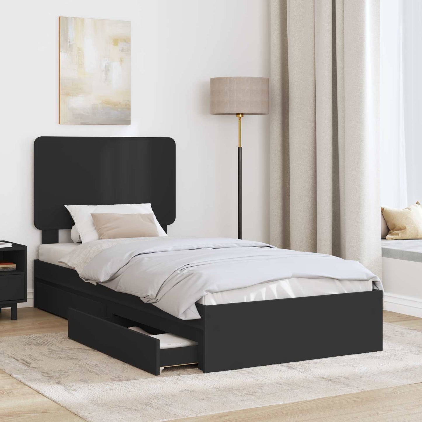 Tárolós Ágy fiókkal fejtámlával Fekete 90 x 190 cm Szerelt Fa