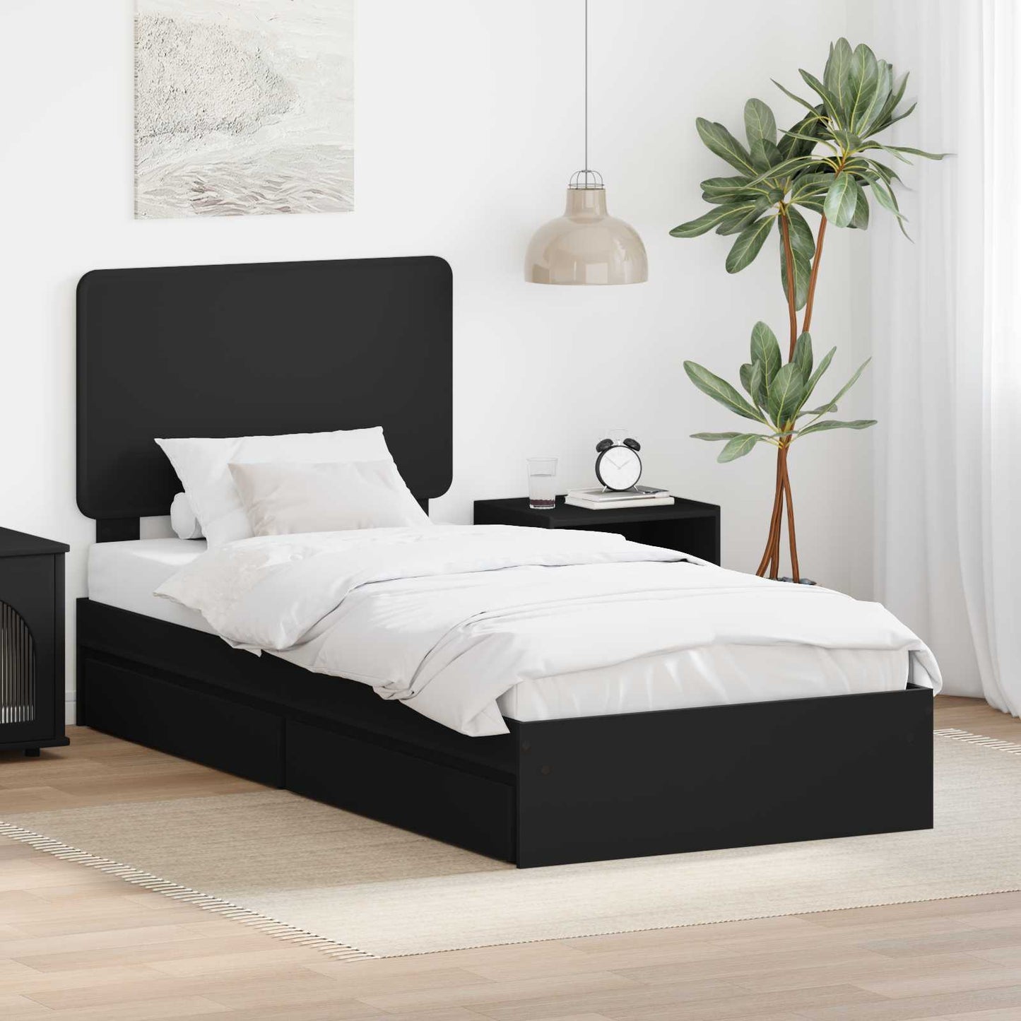 Tárolós Ágy fiókkal fejtámlával Fekete 75 x 190 cm Szerelt Fa