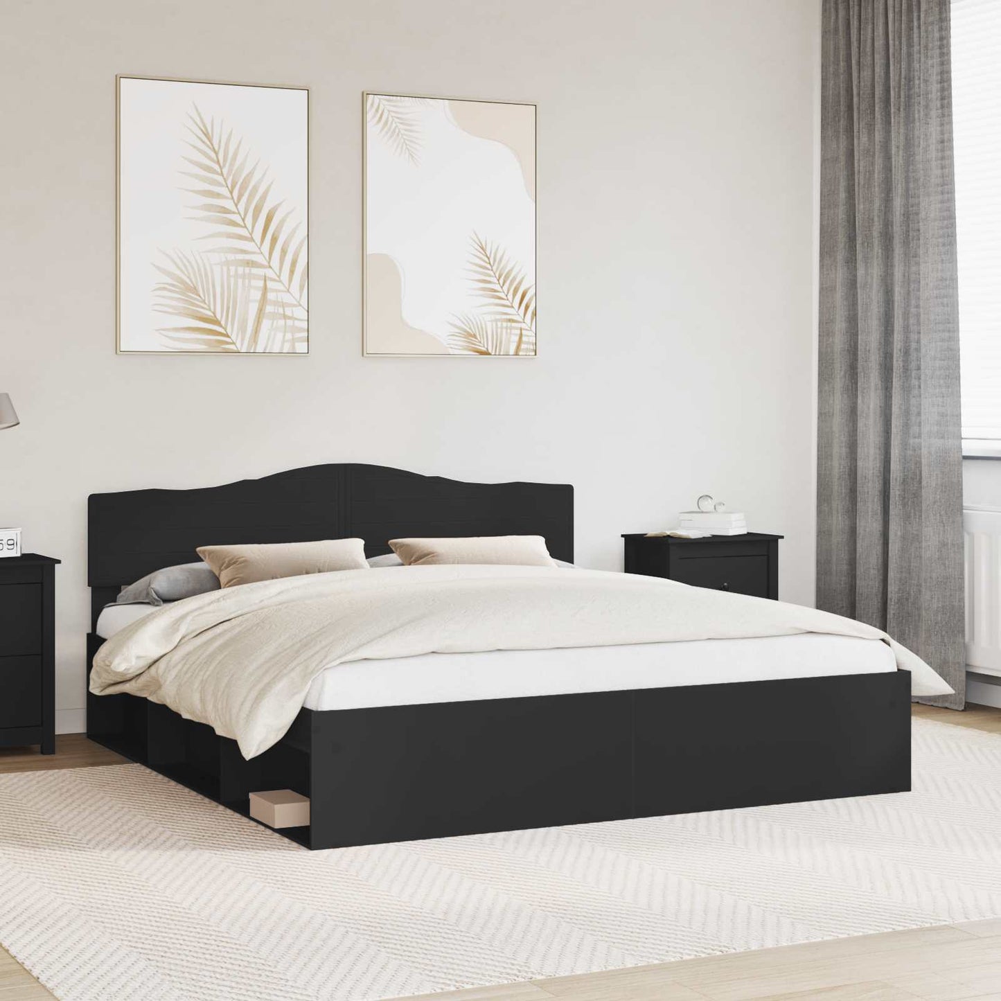 Ágykeret fejtámlával Fekete 200 x 200 cm Tömör fenyőfa