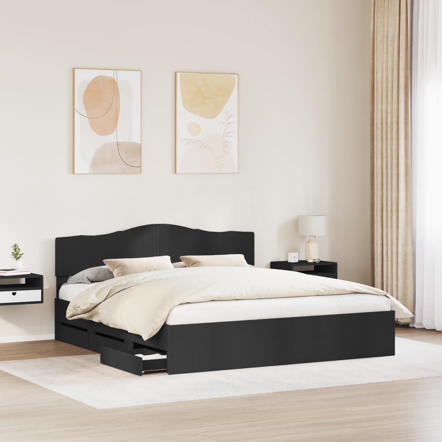 Ágykeret fiókkal fejtámlával Fekete 200 x 200 cm Mérnöki Fa