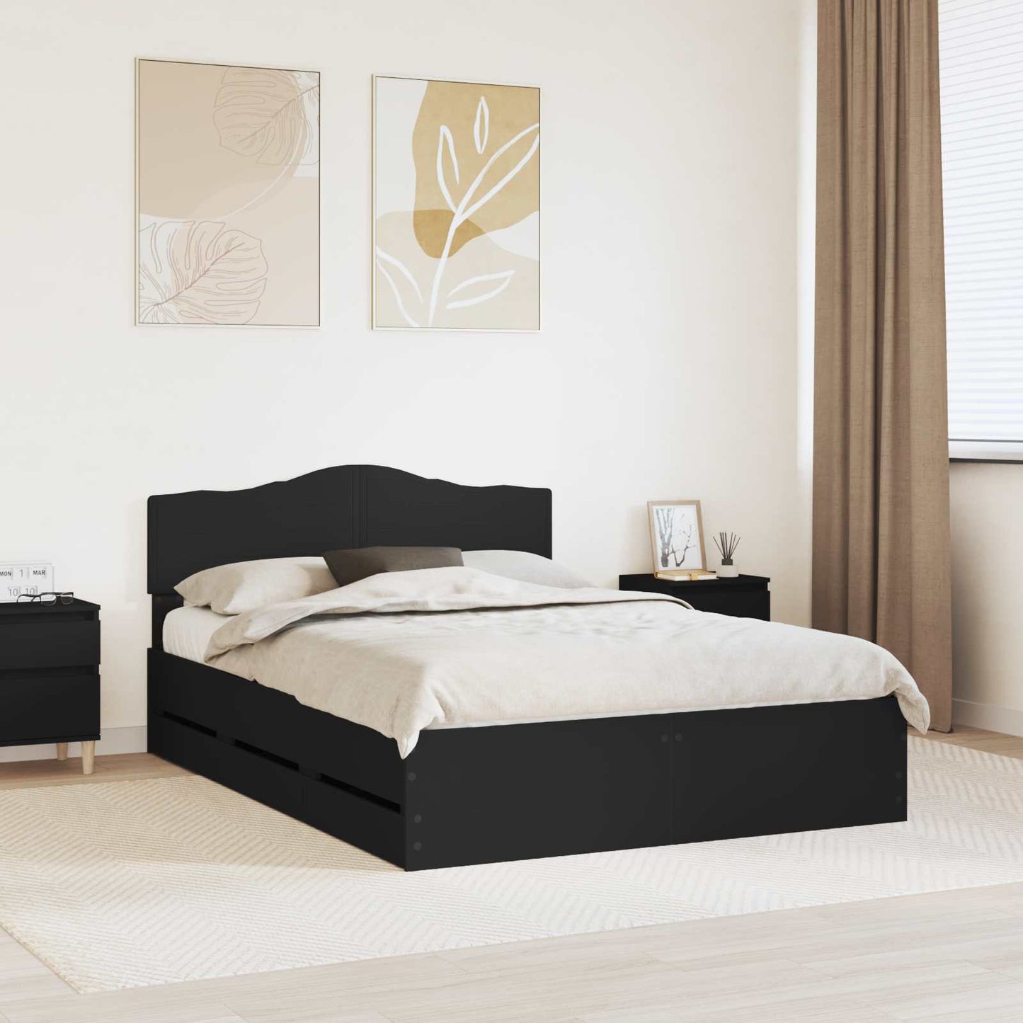 Ágykeret fiókkal fejtámlával Fekete 140 x 200 cm Mérnöki Fa