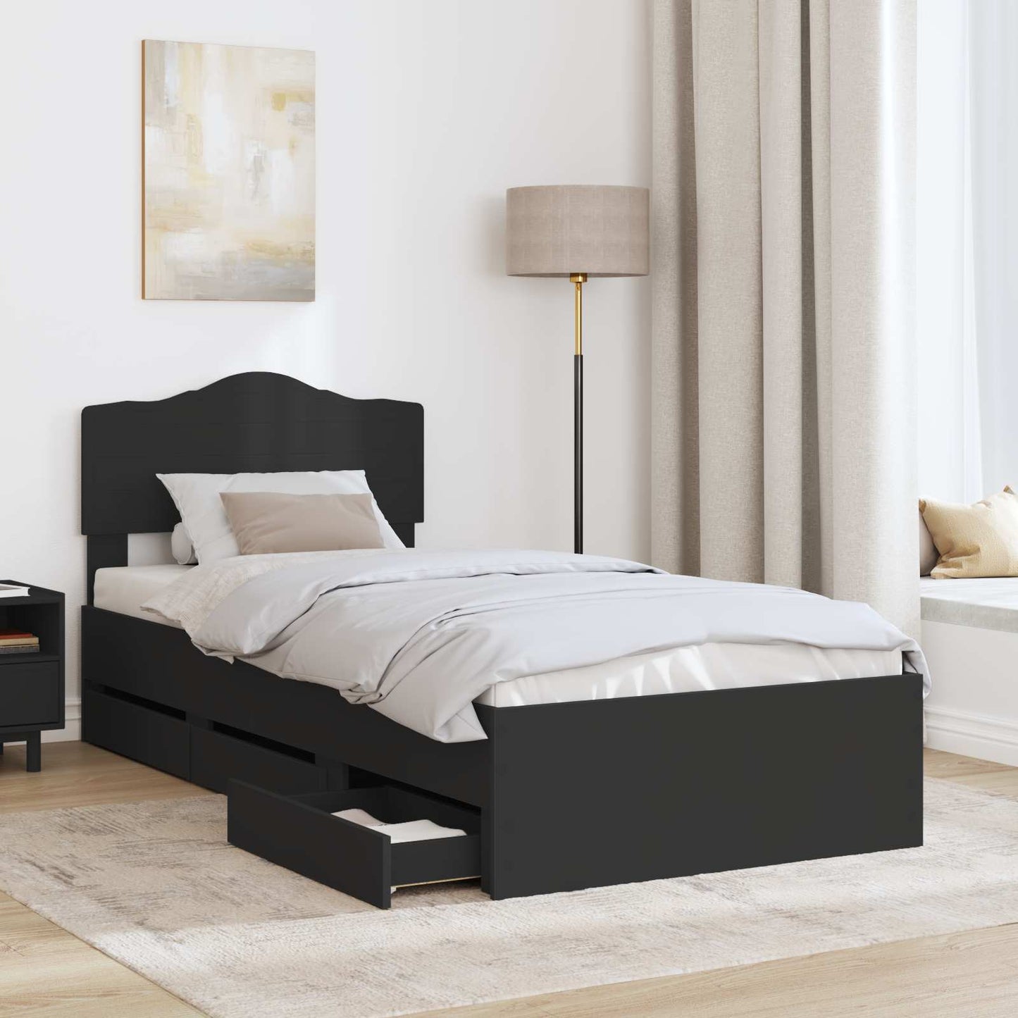Ágykeret fiókkal fejtámlával Fekete 90 x 200 cm Mérnöki Fa