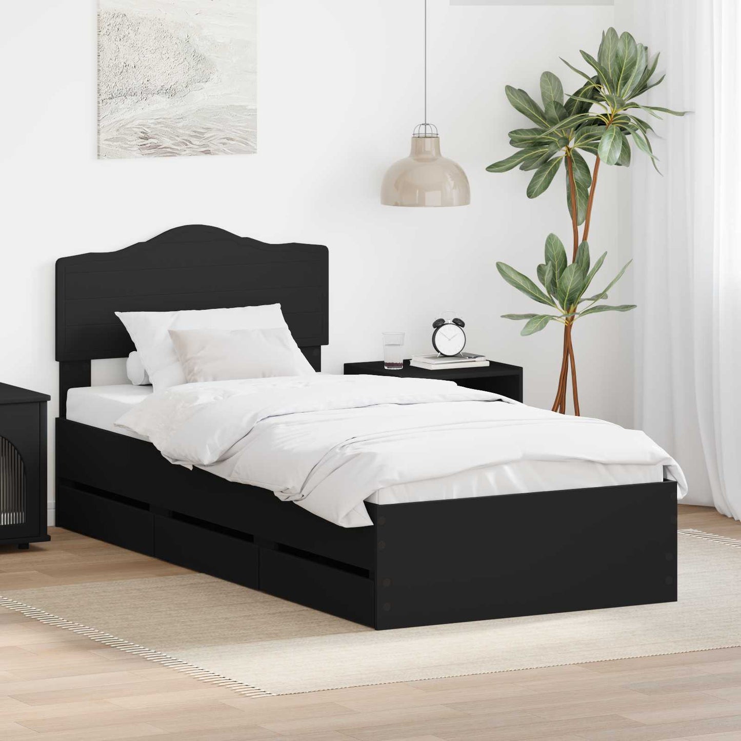 Ágykeret fiókkal fejtámlával Fekete 75 x 190 cm Mérnöki Fa