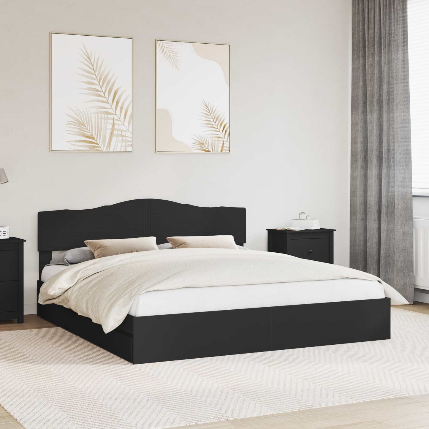 Tárolós Ágy fiókkal fejtámlával Fekete 200 x 200 cm Szerelt Fa