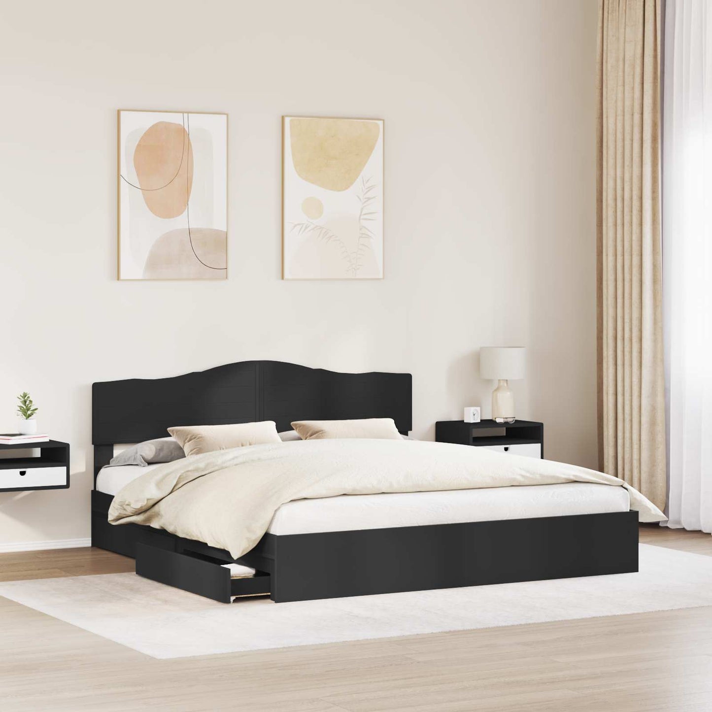 Tárolós Ágy fiókkal fejtámlával Fekete 200 x 200 cm Szerelt Fa