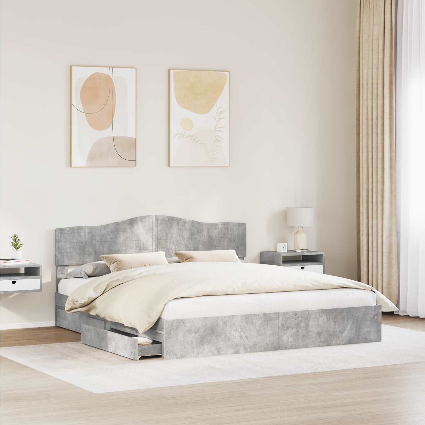 Tárolós Ágy fiókkal Beton Szürke 200 x 200 cm Szerelt Fa