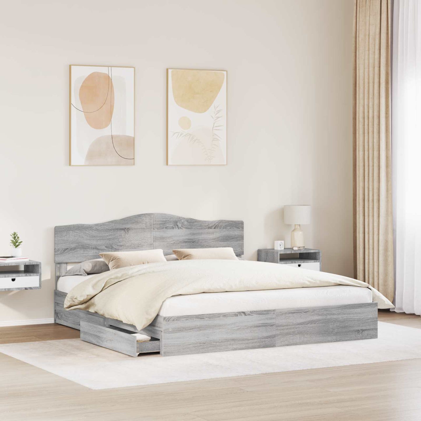 Tárolós Ágy fiókkal Szürke Sonoma 200 x 200 cm Szerelt Fa