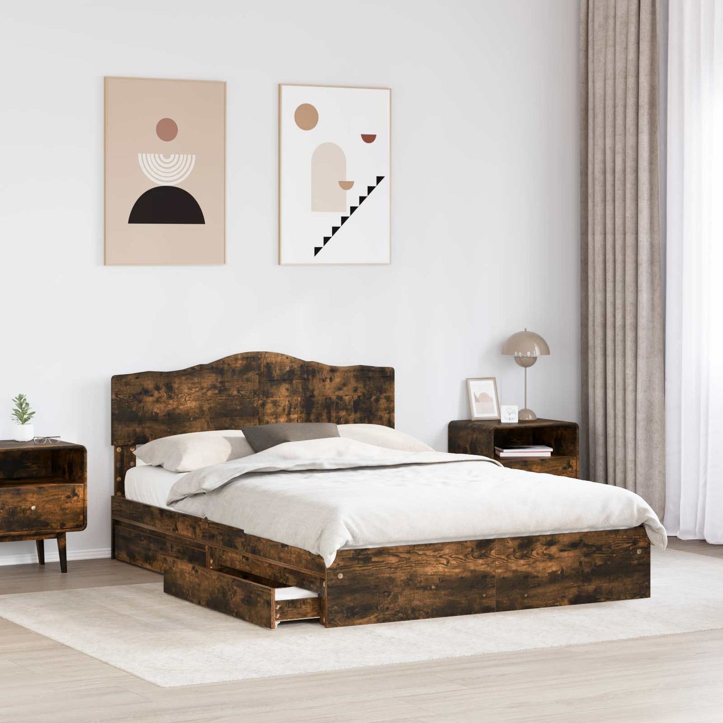 Tárolós Ágy fiókkal Füstölt tölgy 160 x 200 cm Szerelt Fa
