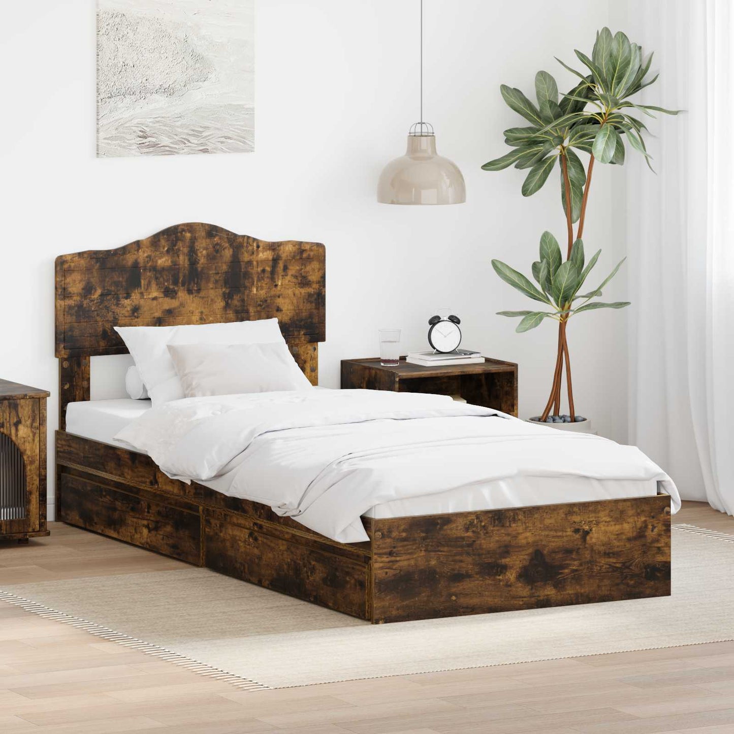 Tárolós Ágy fiókkal Füstölt tölgy 90 x 190 cm Szerelt Fa