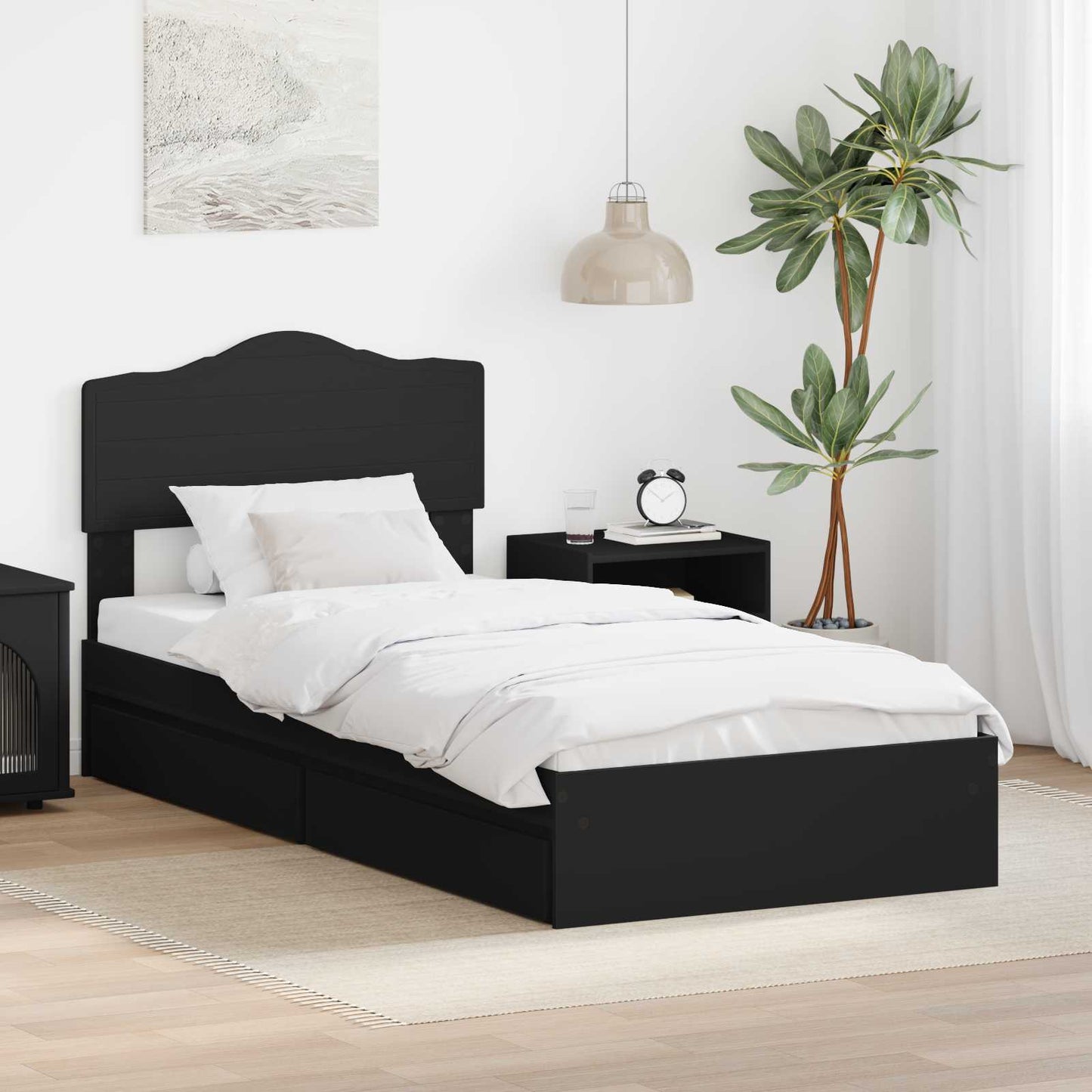Tárolós Ágy fiókkal fejtámlával Fekete 70 x 190 cm Szerelt Fa