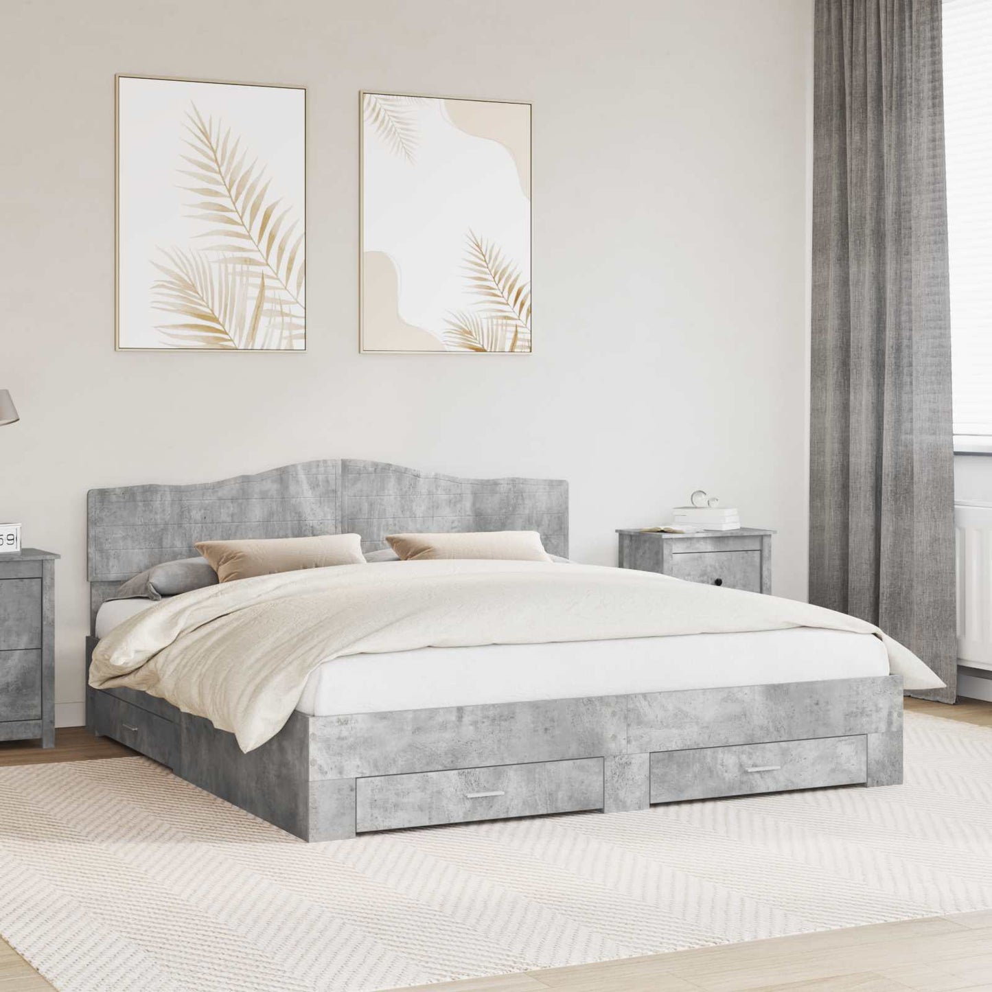 Ágykeret fiókkal tárolóval Beton Szürke 200 x 200 cm Szerelt Fa