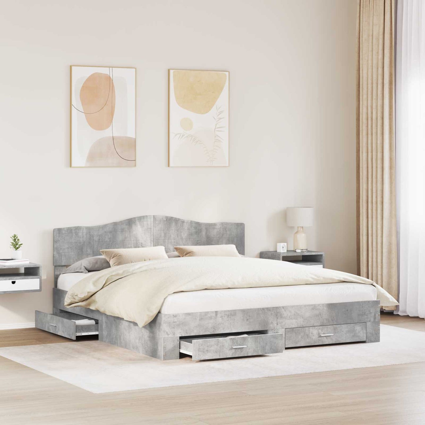 Ágykeret fiókkal tárolóval Beton Szürke 200 x 200 cm Szerelt Fa