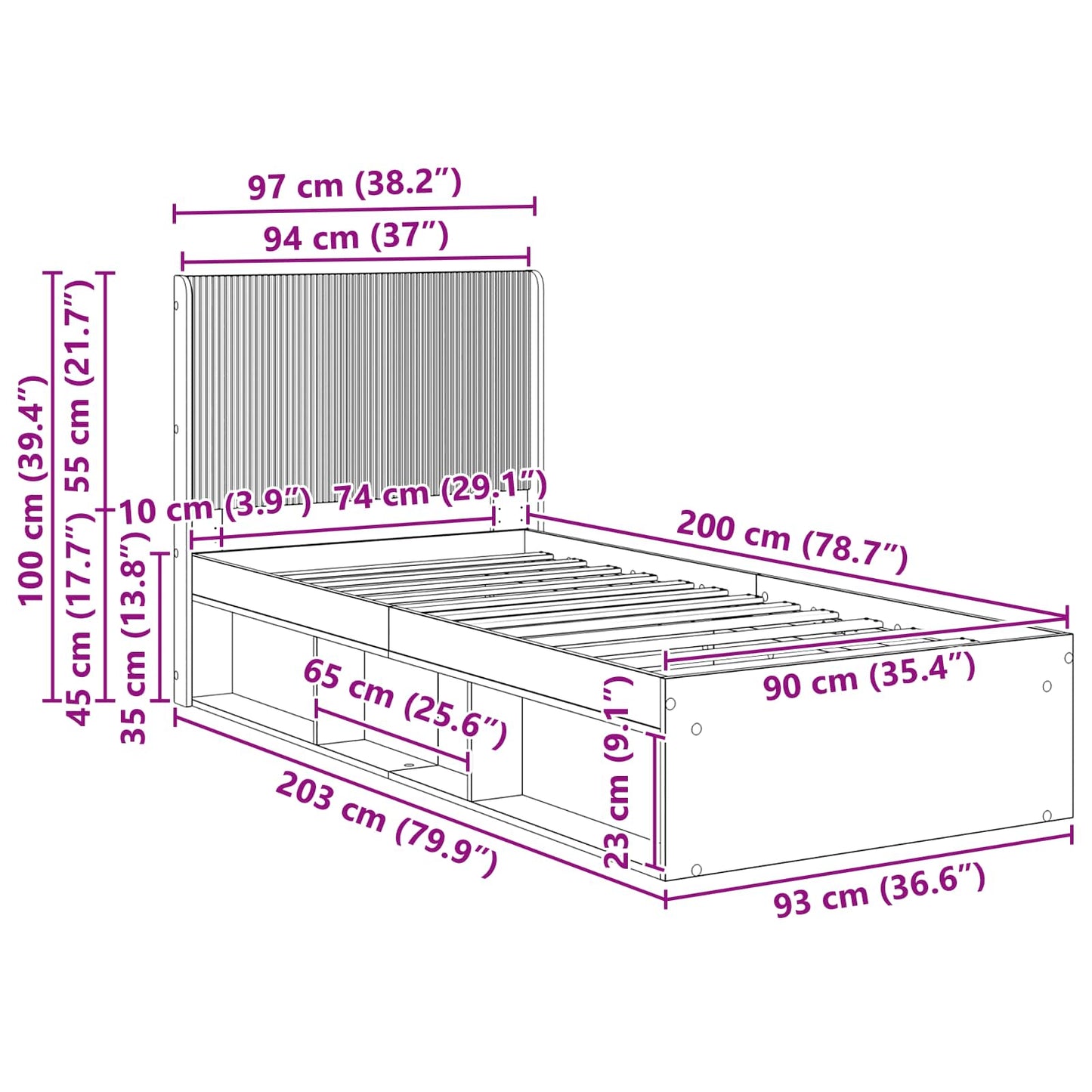 Ágykeret tárolóval és fejtámlával Füstös Tölgy 90 x 200 cm