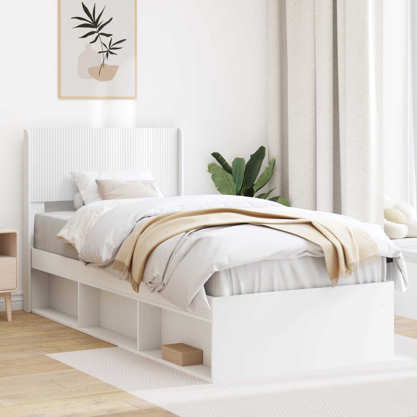 Ágykeret tárolóval és fejtámlával Fehér 90 x 200 cm Szerelt Fa
