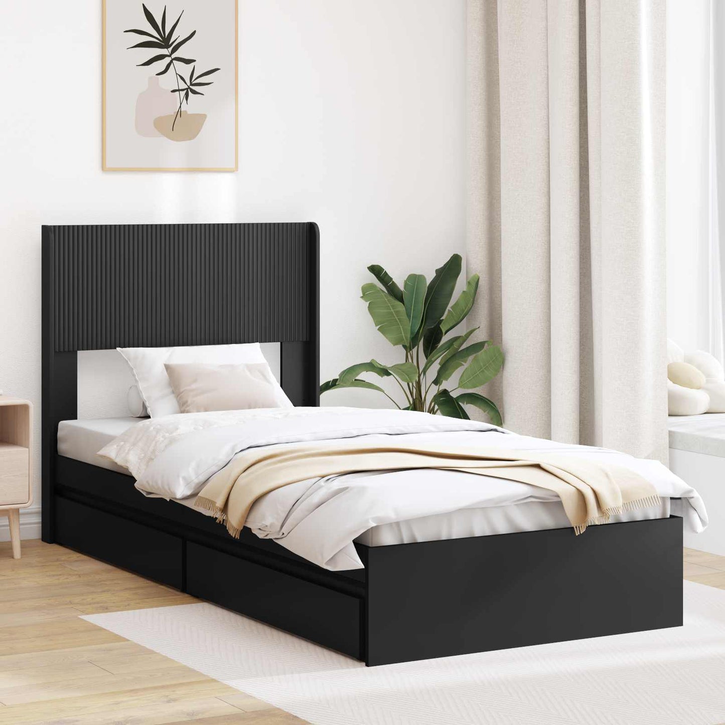 Ágykeret tárolóval és fejtámlával Fekete 75 x 190 cm Szerelt Fa
