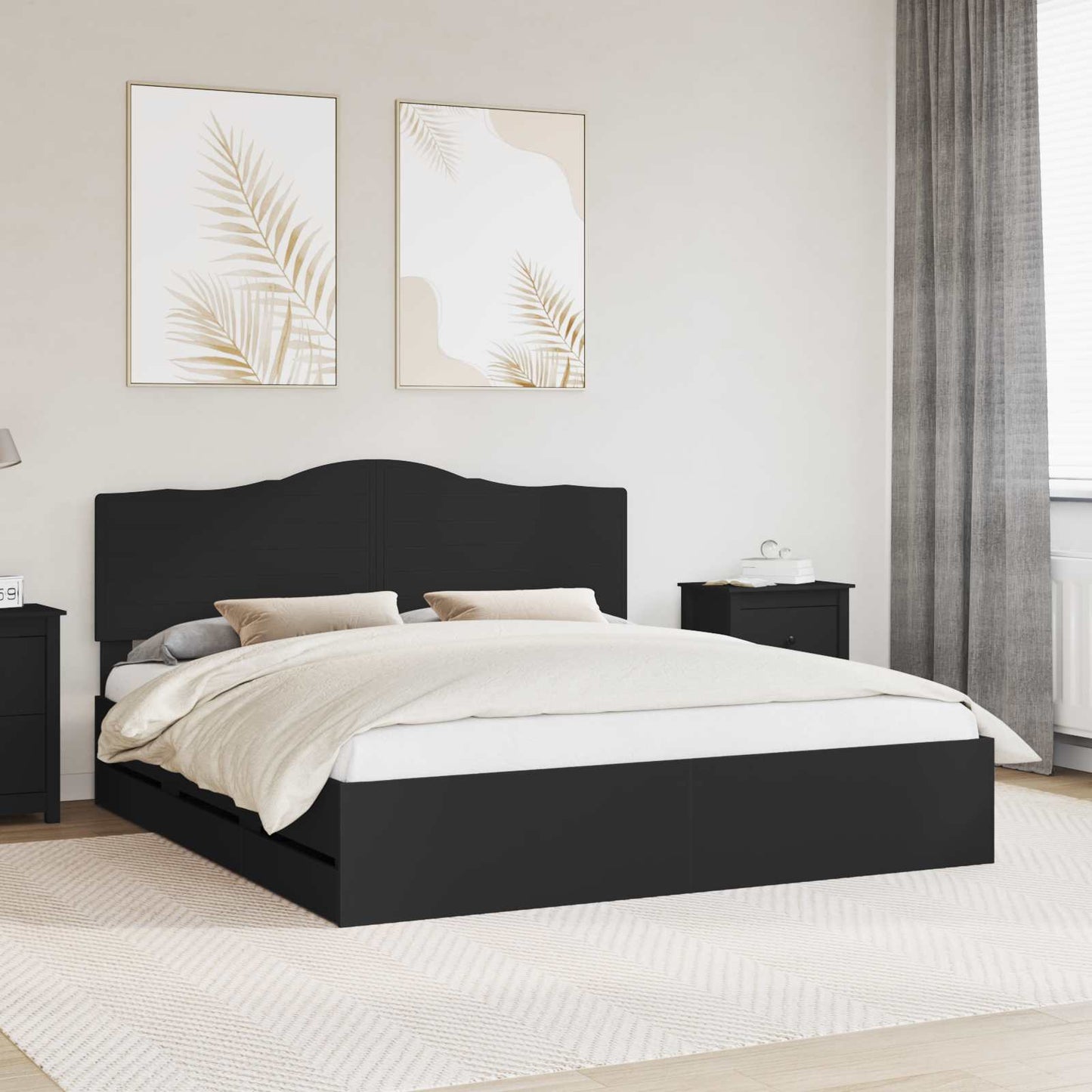 Ágykeret fiókkal fejtámlával Fekete 200 x 200 cm Mérnöki Fa