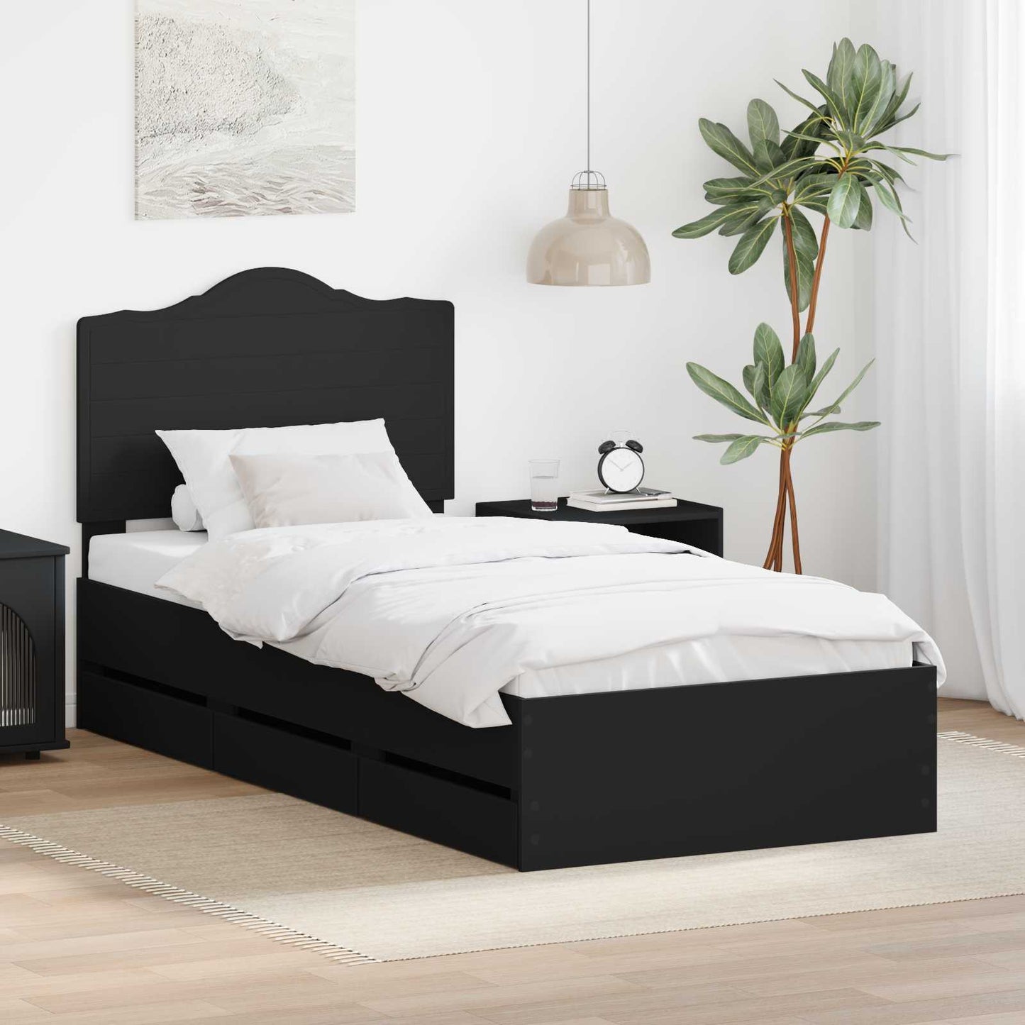 Ágykeret fiókkal fejtámlával Fekete 75 x 190 cm Mérnöki Fa