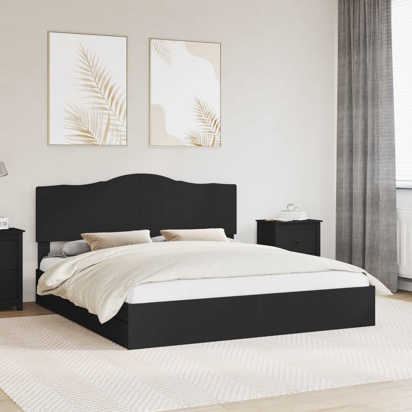 Tárolós Ágy fiókkal fejtámlával Fekete 200 x 200 cm Szerelt Fa