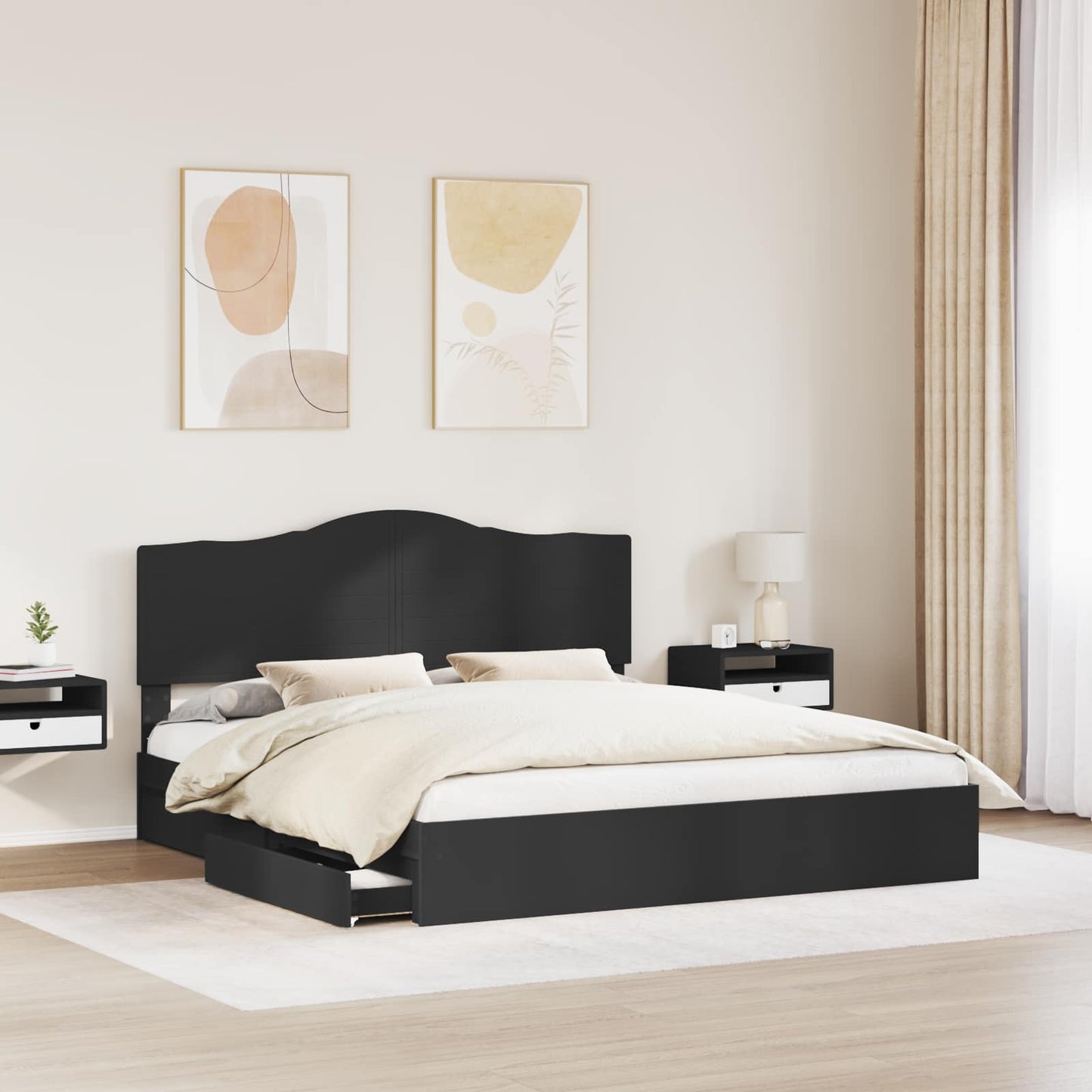Tárolós Ágy fiókkal fejtámlával Fekete 200 x 200 cm Szerelt Fa