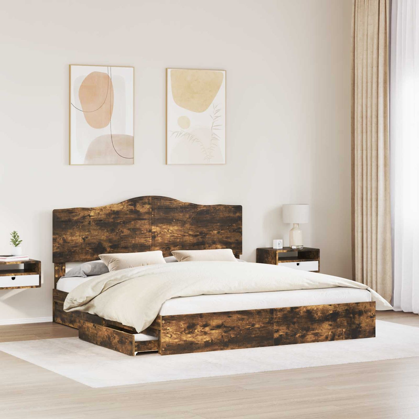 Tárolós Ágy fiókkal Füstölt tölgy 180 x 200 cm Szerelt Fa