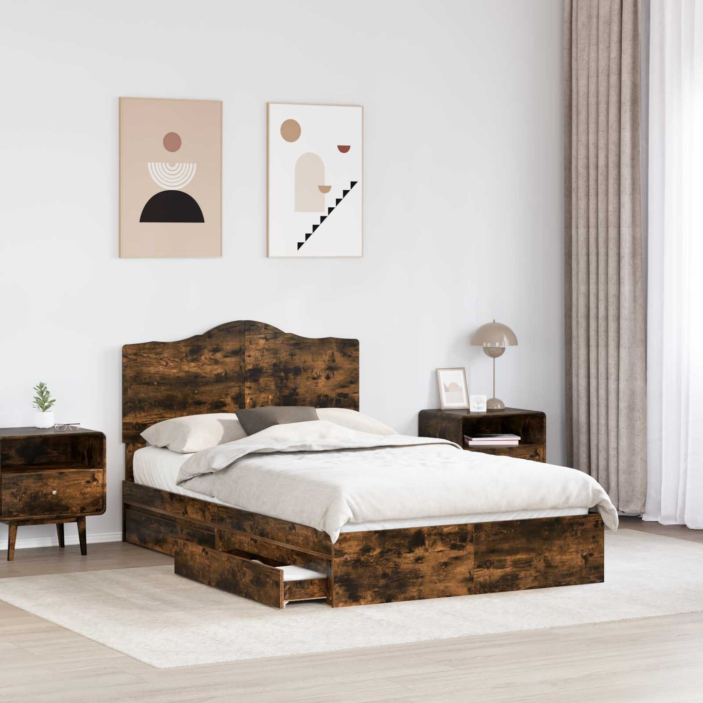 Tárolós Ágy fiókkal Füstölt tölgy 135 x 190 cm Szerelt Fa