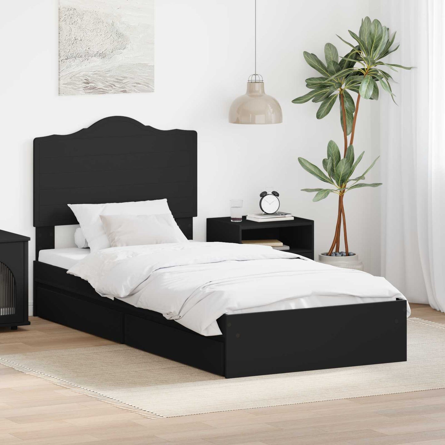Tárolós Ágy fiókkal fejtámlával Fekete 90 x 190 cm Szerelt Fa