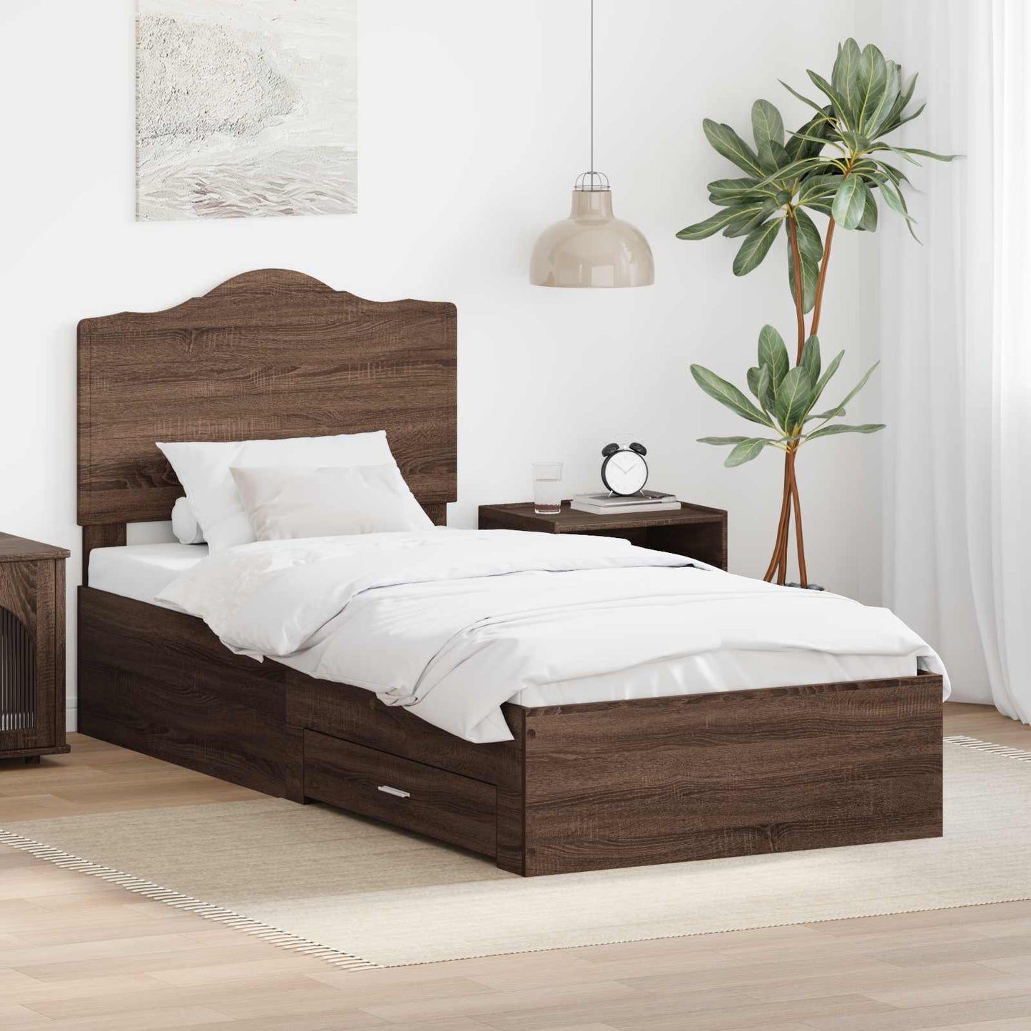 Ágykeret fiókkal fejtámlával Barna Tölgy 70 x 190 cm Szerelt Fa
