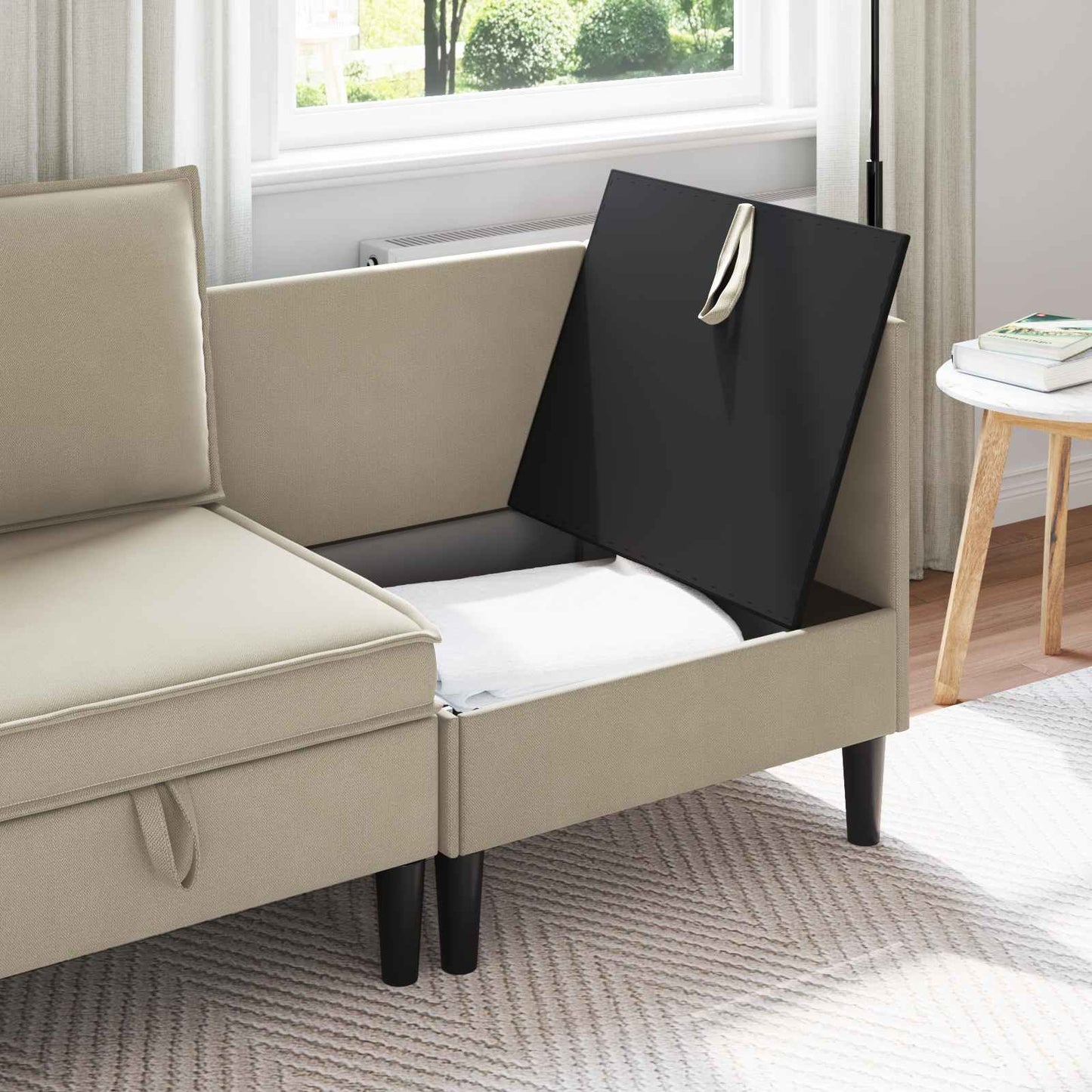 Sarok Sofa tárolóval Homokszín Bársony