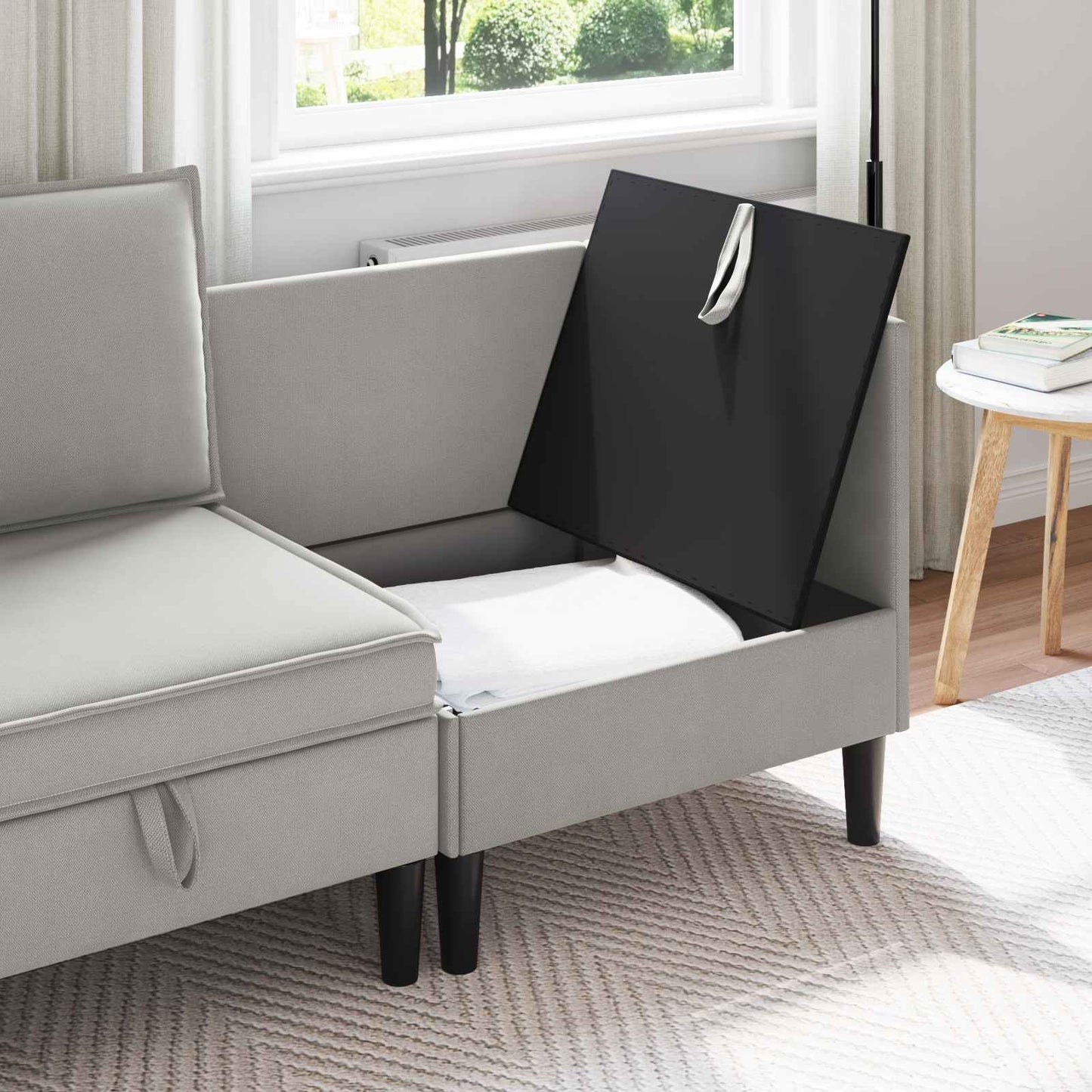 Sarok Sofa tárolóval Világosszürke Bársony