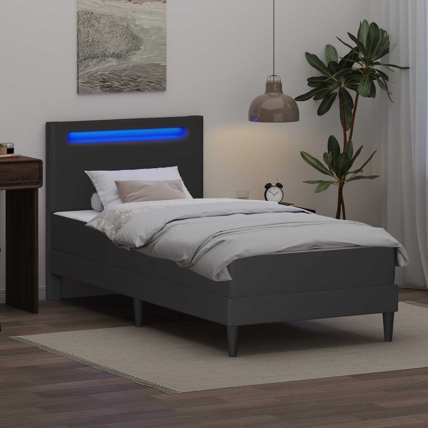 Ágykeret LED szalagokkal fejtámlával Szürke 90 x 200 cm Műbőr