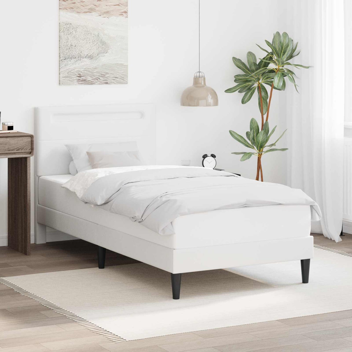 Ágykeret LED szalagokkal fejtámlával Fehér 90 x 200 cm Műbőr