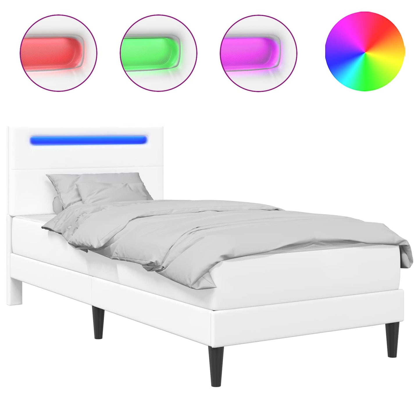 Ágykeret LED szalagokkal fejtámlával Fehér 90 x 200 cm Műbőr