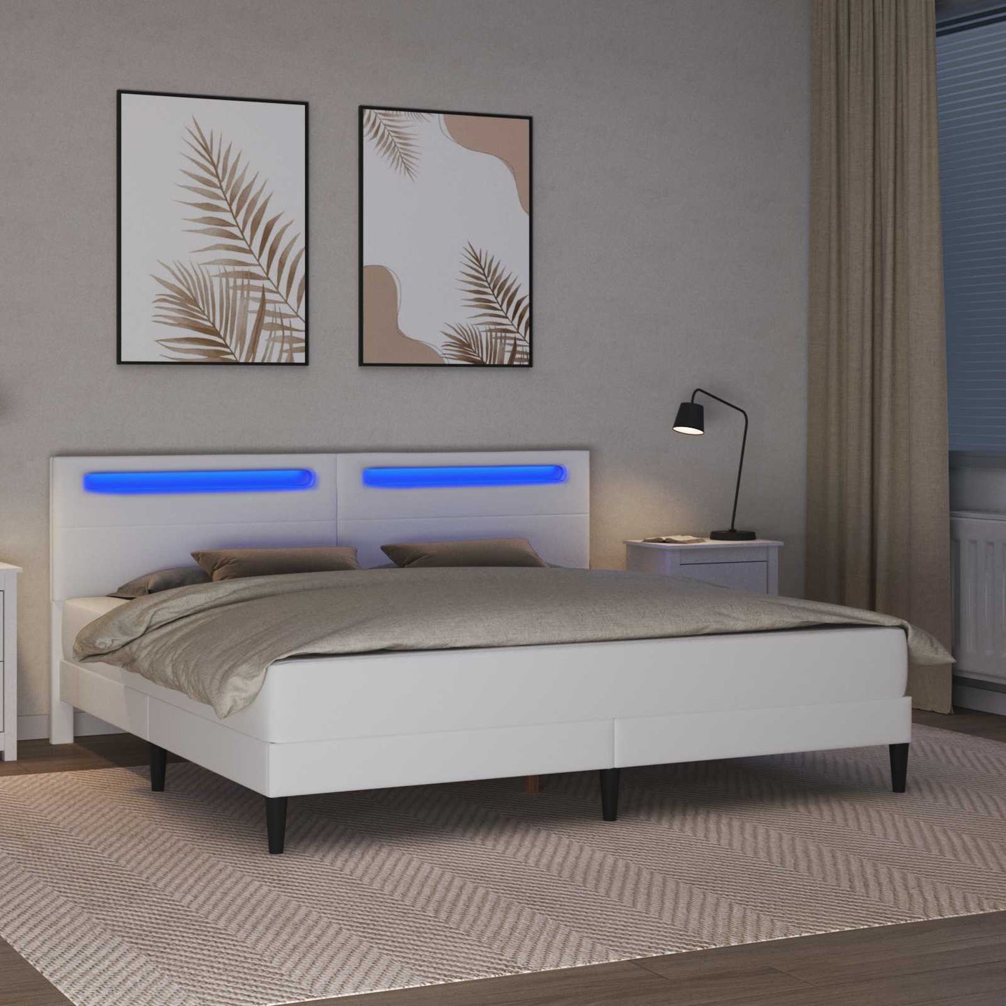 Ágykeret LED szalagokkal fejtámlával Fehér 200 x 200 cm Műbőr
