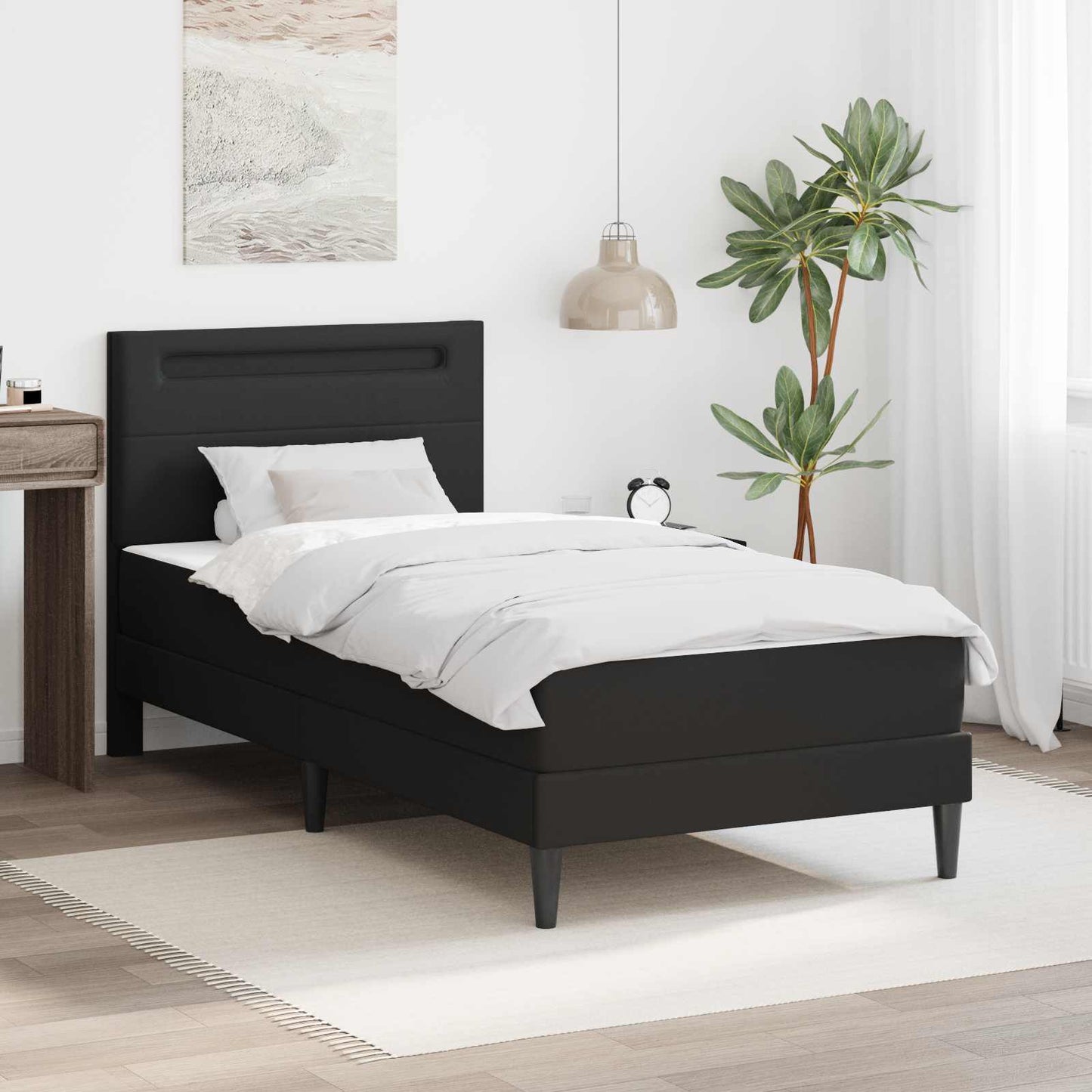 Ágykeret LED szalagokkal fejtámlával Fekete 90 x 190 cm Műbőr