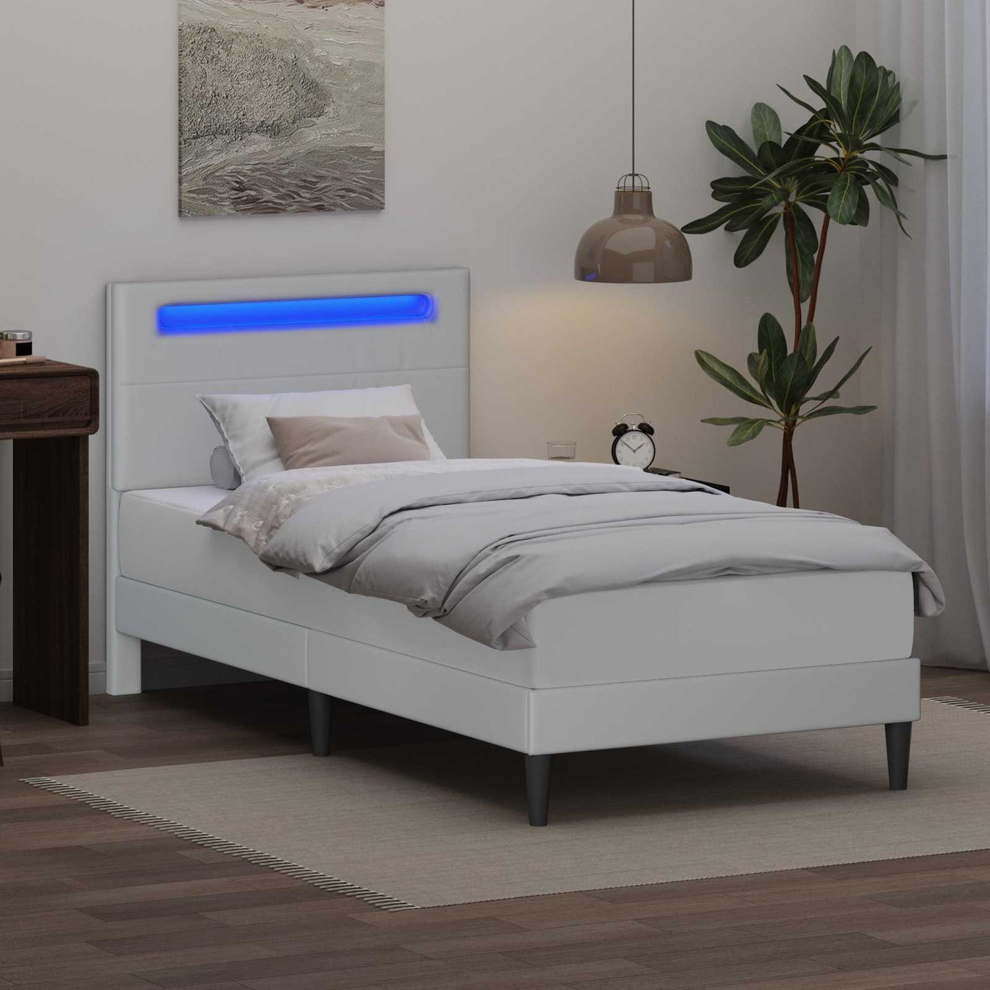 Ágykeret LED szalagokkal fejtámlával Fehér 90 x 190 cm Műbőr