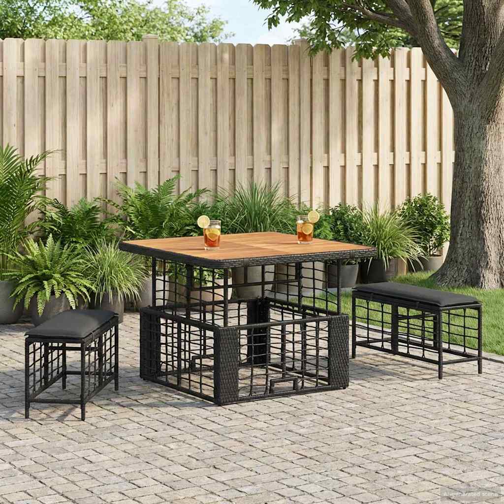 Kert étkező szett 3 pcs Fekete és Szürke Poli Rattan és Akácfa