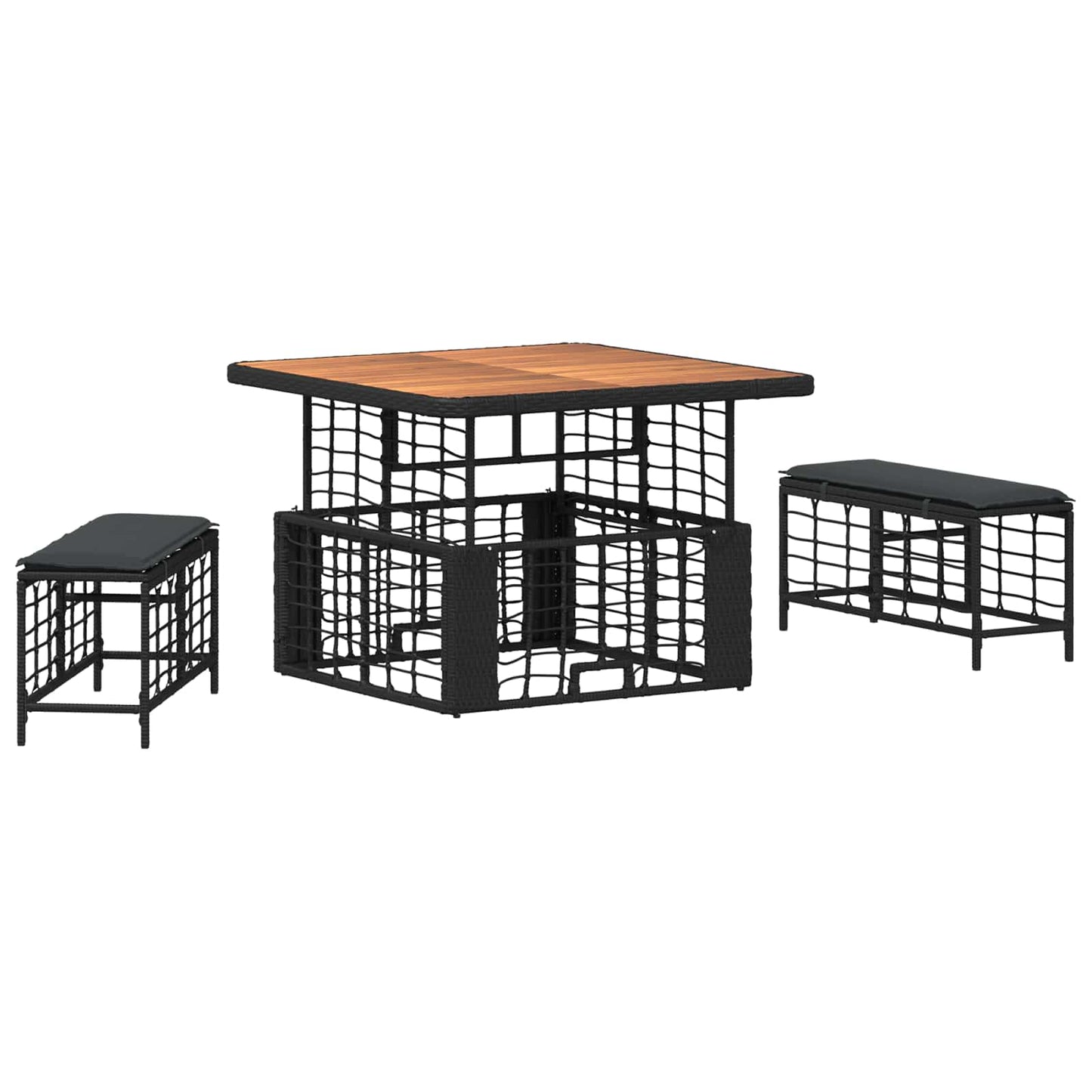 Kert étkező szett 3 pcs Fekete és Szürke Poli Rattan és Akácfa