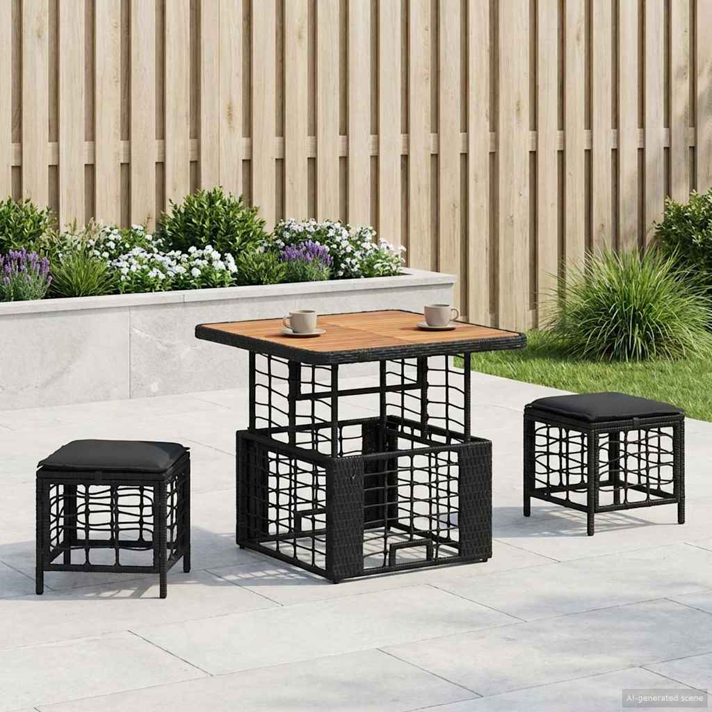 Kert étkező szett 3 pcs Fekete és Szürke Poli Rattan és Akácfa