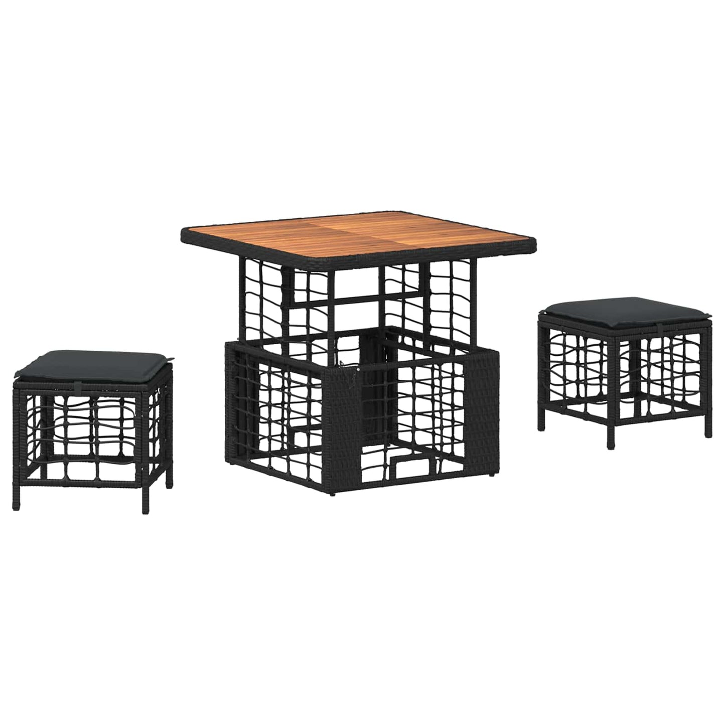 Kert étkező szett 3 pcs Fekete és Szürke Poli Rattan és Akácfa