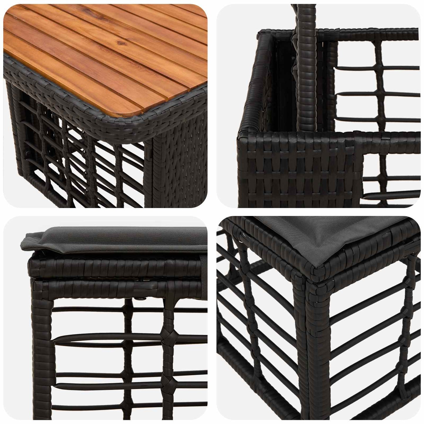 Kert étkező szett 3 pcs Fekete és Szürke Poli Rattan és Akácfa